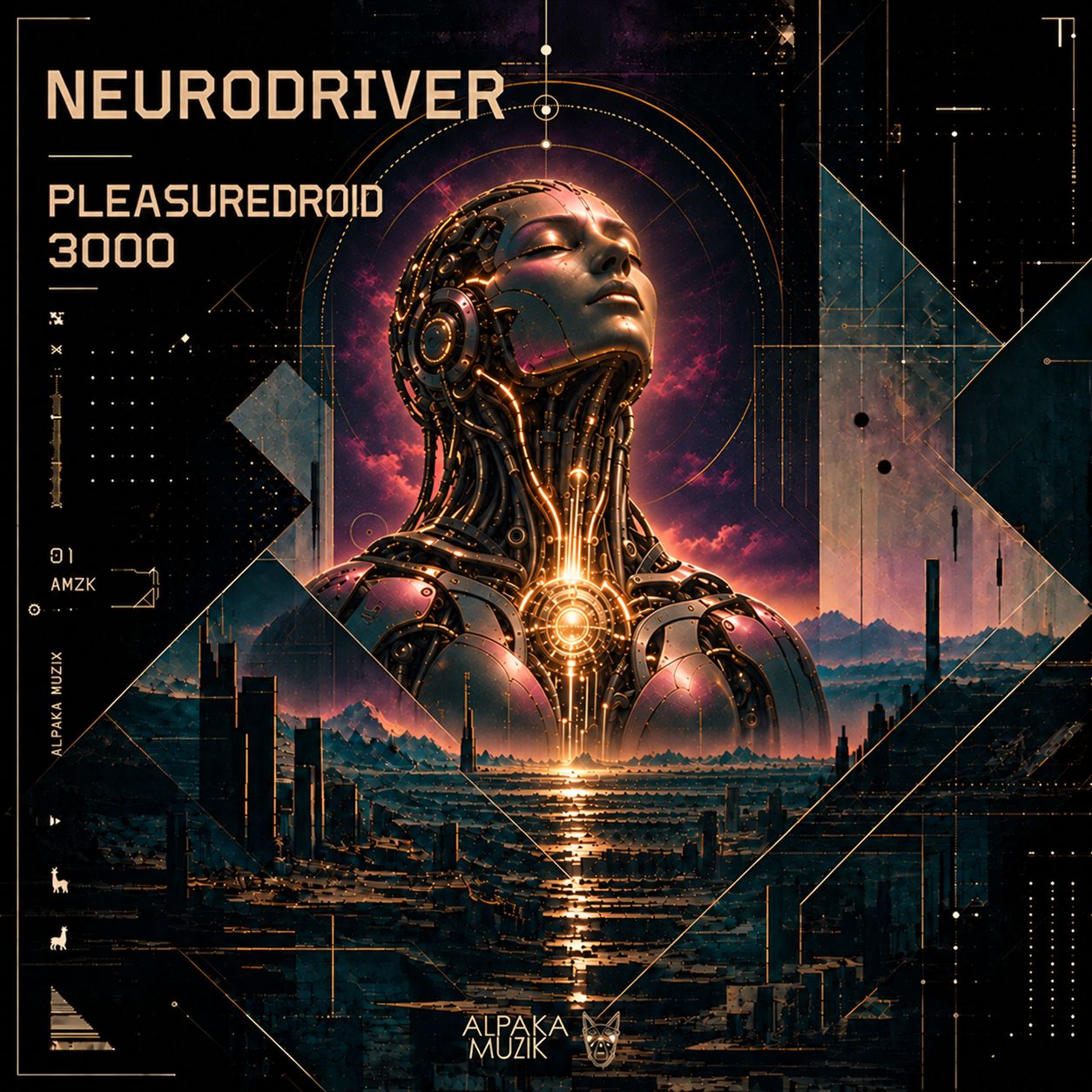 Pleasuredroid 3000 cover art: a chrome android figure with glowing gold circuitry, head tilted back against a purple sky above a futuristic city.